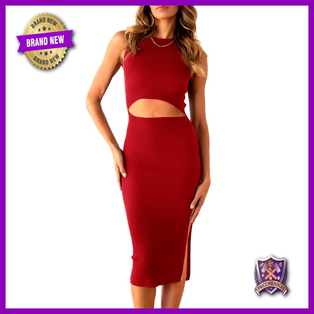 Sleeveless Midi Bodycon Dress Ribbed Knit Side Slit Cut Out Chic Party Wear